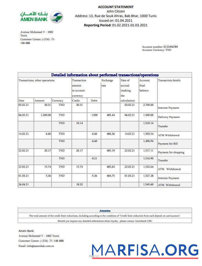 Downloadable Tunisia Amen bank statement excel real example